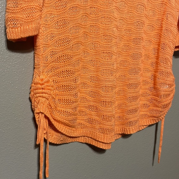 Chico’s - light orange wavy open weave 3/4 sleeve sweater w/ gathered tie sides - Picture 2 of 11